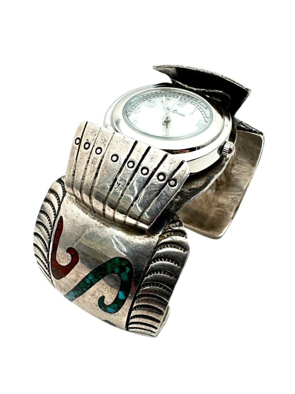 Native American Watch Cuff Bracelet Inlay Turquoise Coral Sterling Silver